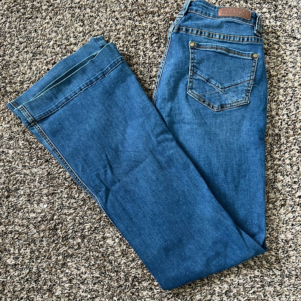 rock and roll cowgirl denim high rise flare jeans